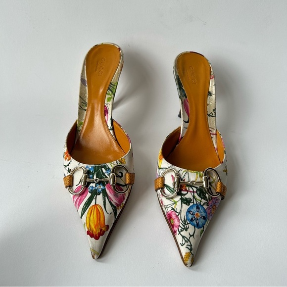 Gucci Flora Horsebit 1955 90's Iconic Kitten Mules Botanical Print sz 8B - Picture 8 of 10